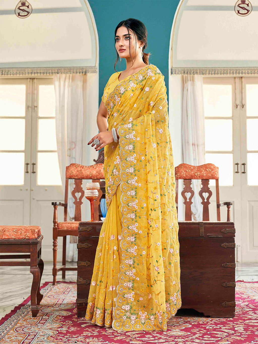Tikhi Imli Yellow Ethnic Motifs Beads and Stones Embroidered Saree - Distacart