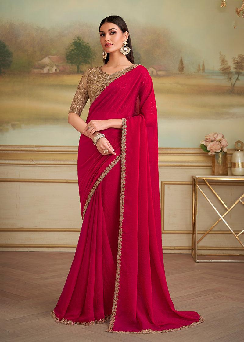 Monjolika Fashion Red Shining Georgette Embroidered Border Party Trendy Saree - Distacart
