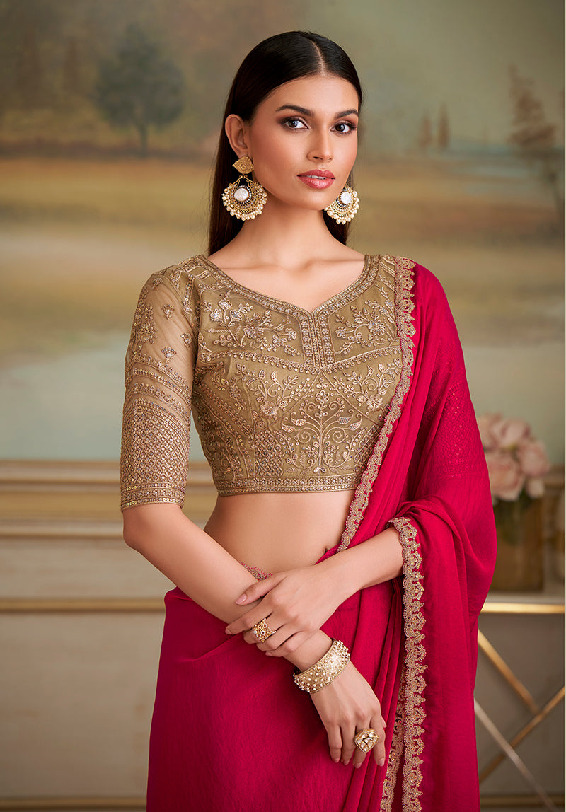 Monjolika Fashion Red Shining Georgette Embroidered Border Party Trendy Saree - Distacart