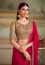 Monjolika Fashion Red Shining Georgette Embroidered Border Party Trendy Saree - Distacart