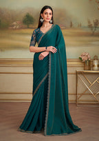 Monjolika Fashion Bottle Green Shining Georgette Embroidered Border Party Trendy Saree - Distacart