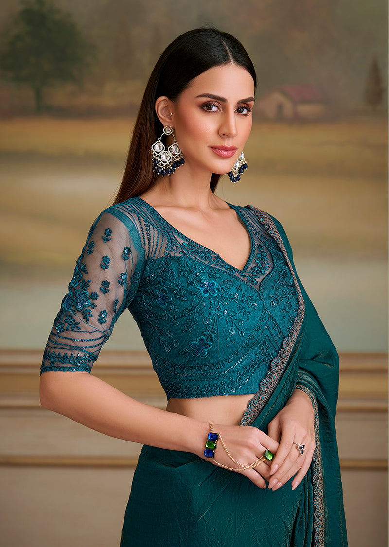 Monjolika Fashion Bottle Green Shining Georgette Embroidered Border Party Trendy Saree - Distacart