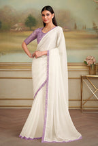 Monjolika Fashion White Sparkle Georgette Embroidered Border Party Trendy Saree