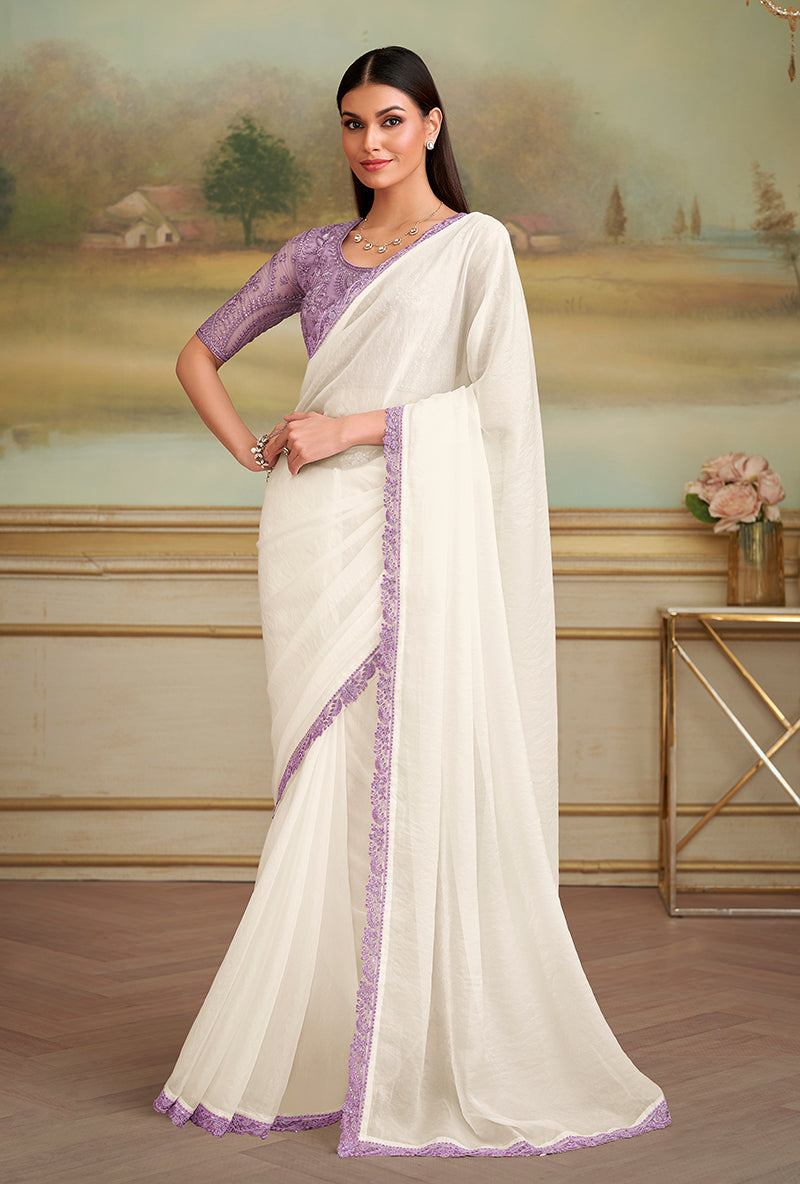 Monjolika Fashion White Sparkle Georgette Embroidered Border Party Trendy Saree