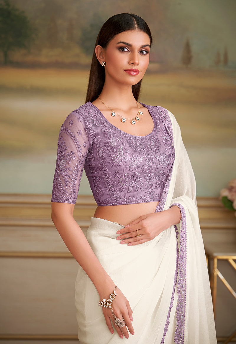 Monjolika Fashion White Sparkle Georgette Embroidered Border Party Trendy Saree