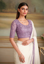 Monjolika Fashion White Sparkle Georgette Embroidered Border Party Trendy Saree