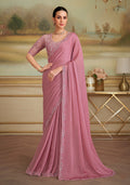 Monjolika Fashion Rose Pink Sparkle Georgette Embroidered Border Party Trendy Saree - Distacart