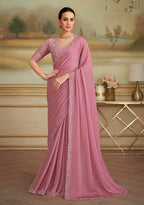 Monjolika Fashion Rose Pink Sparkle Georgette Embroidered Border Party Trendy Saree - Distacart