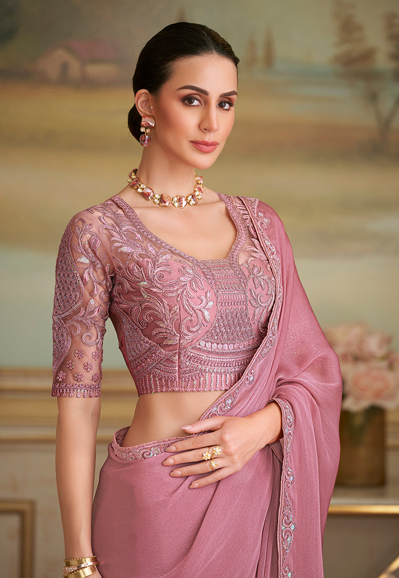 Monjolika Fashion Rose Pink Sparkle Georgette Embroidered Border Party Trendy Saree - Distacart