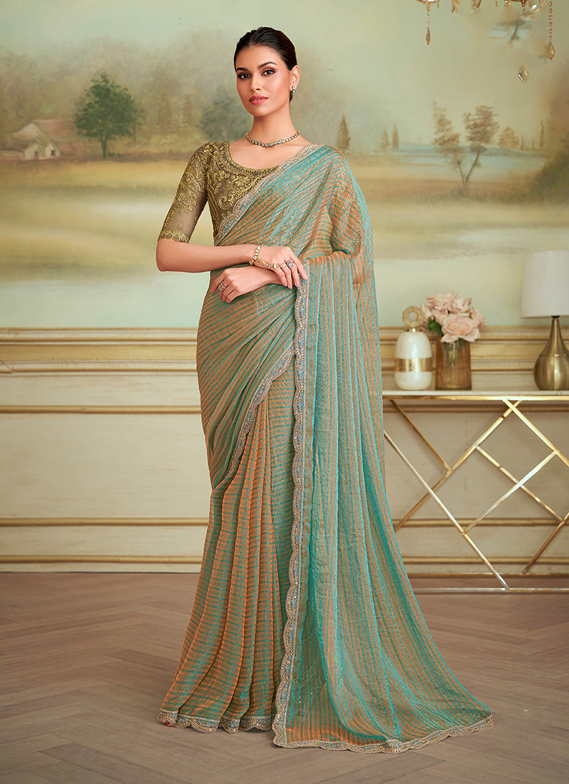 Monjolika Fashion Multicolor Blossom Georgette Embroidered Border Party Trendy Saree - Distacart