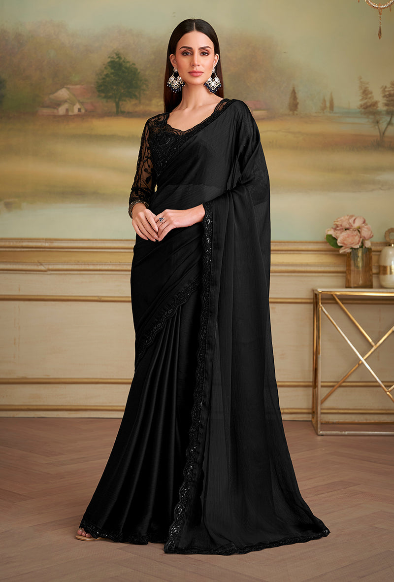Monjolika Fashion Black Satin Chiffon Embroidered Border Party Trendy Saree - Distacart