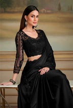 Monjolika Fashion Black Satin Chiffon Embroidered Border Party Trendy Saree - Distacart