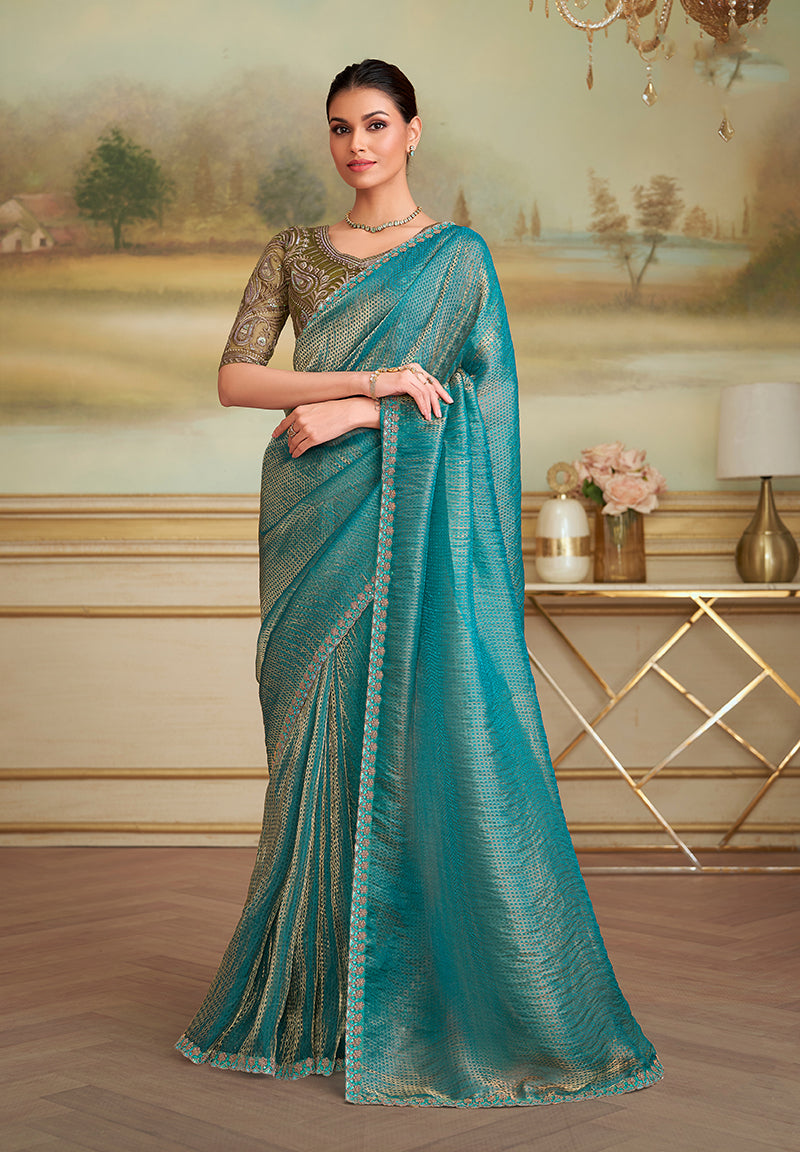 Monjolika Fashion Turquoise Checks Georgette Embroidered Border Party Trendy Saree - Distacart