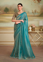 Monjolika Fashion Turquoise Checks Georgette Embroidered Border Party Trendy Saree - Distacart
