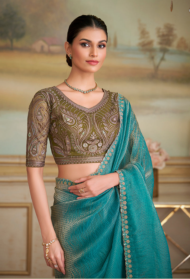 Monjolika Fashion Turquoise Checks Georgette Embroidered Border Party Trendy Saree - Distacart