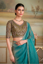 Monjolika Fashion Turquoise Checks Georgette Embroidered Border Party Trendy Saree - Distacart