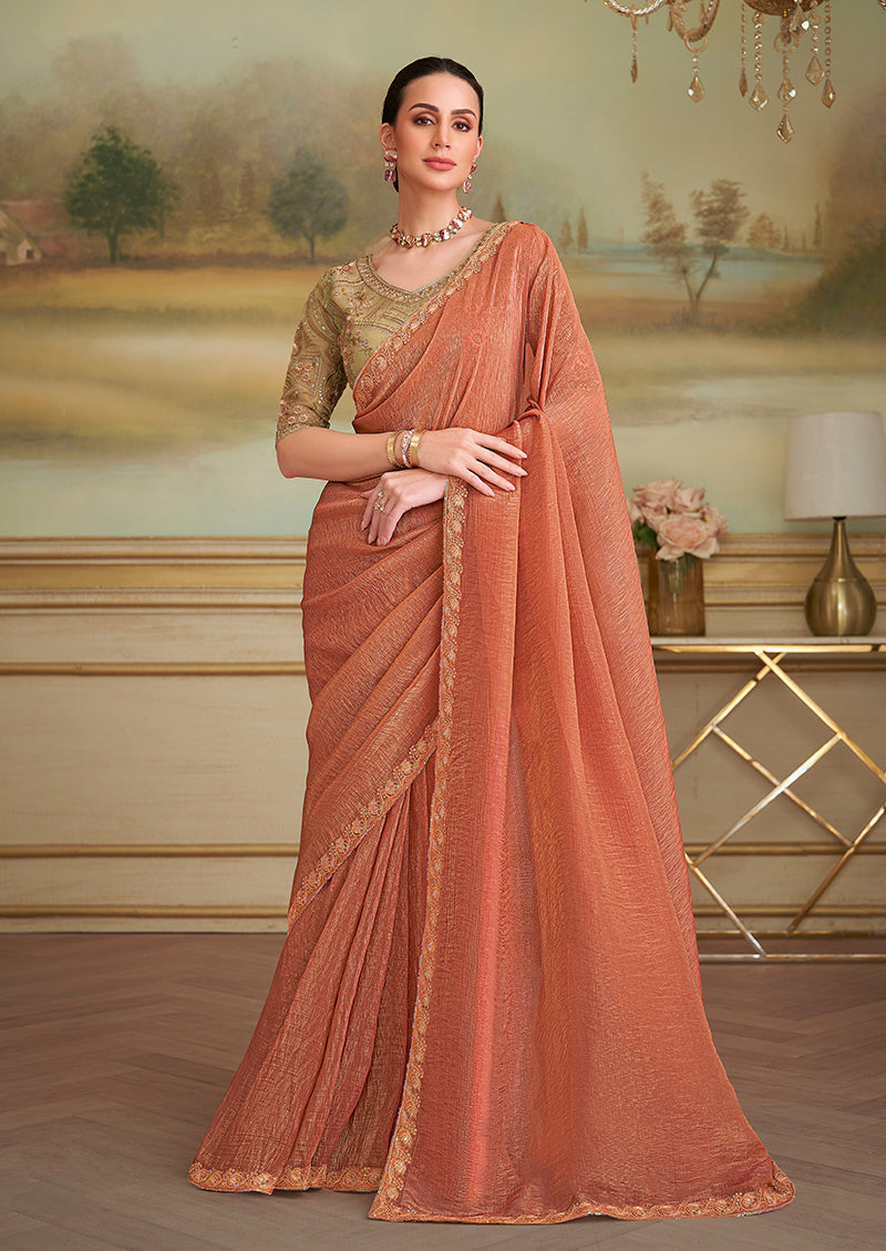 Monjolika Fashion Dark Peach Gold Georgette Embroidered Border Party Trendy Saree - Distacart