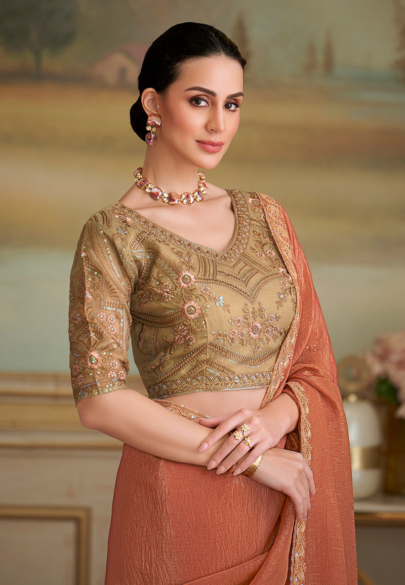 Monjolika Fashion Dark Peach Gold Georgette Embroidered Border Party Trendy Saree - Distacart