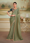 Monjolika Fashion Pista Green Gold Georgette Embroidered Border Party Trendy Saree - Distacart