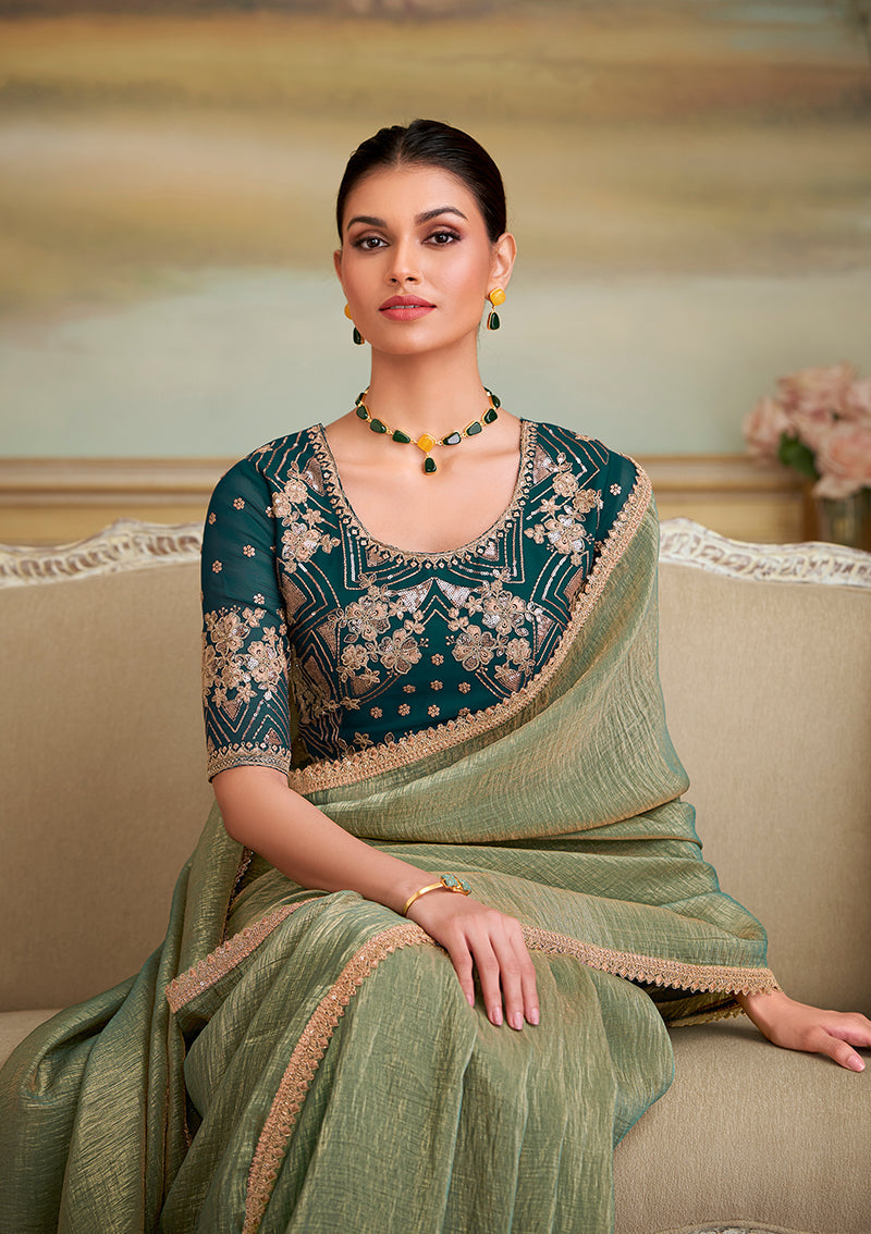 Monjolika Fashion Pista Green Gold Georgette Embroidered Border Party Trendy Saree - Distacart