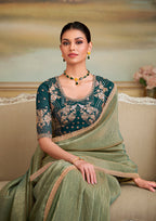 Monjolika Fashion Pista Green Gold Georgette Embroidered Border Party Trendy Saree - Distacart