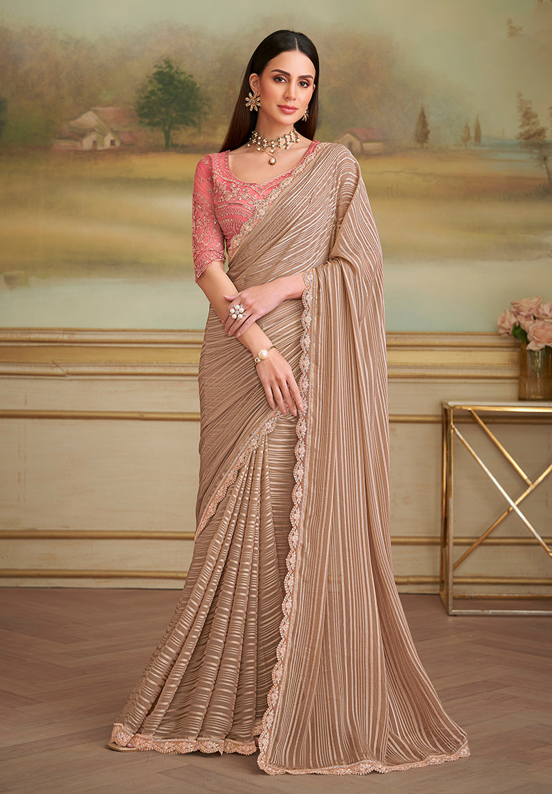 Monjolika Fashion Chiku Gold Satin Georgette Embroidered Border Party Trendy Saree - Distacart