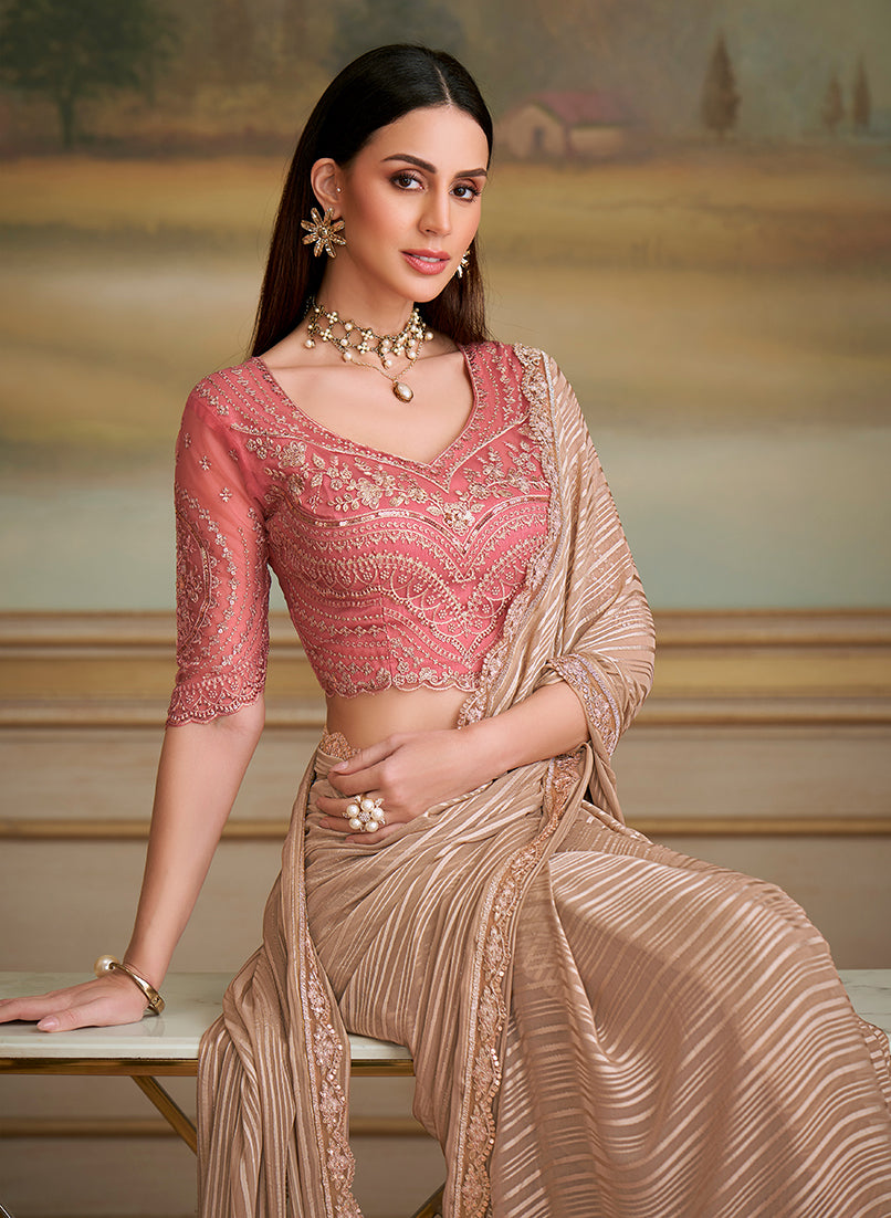 Monjolika Fashion Chiku Gold Satin Georgette Embroidered Border Party Trendy Saree - Distacart