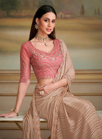 Monjolika Fashion Chiku Gold Satin Georgette Embroidered Border Party Trendy Saree - Distacart
