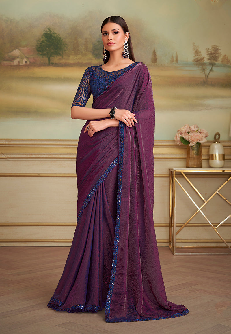 Monjolika Fashion Dark Magenta Twin Shaded Georgette Embroidered Border Party Trendy Saree - Distacart