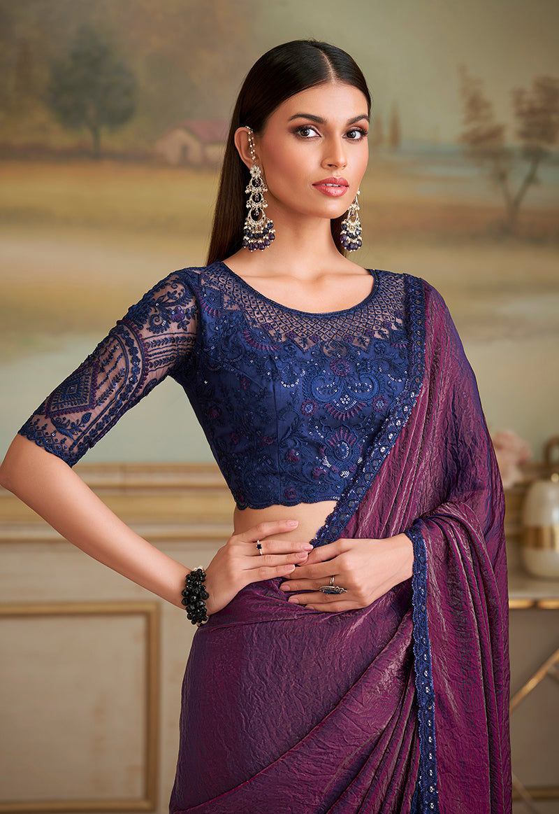 Monjolika Fashion Dark Magenta Twin Shaded Georgette Embroidered Border Party Trendy Saree - Distacart