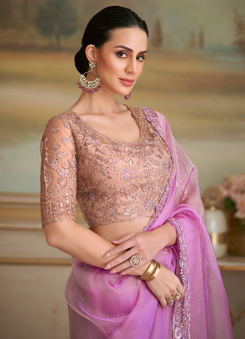 Monjolika Fashion Lilac Tissue Georgette Embroidered Border Party Trendy Saree - Distacart
