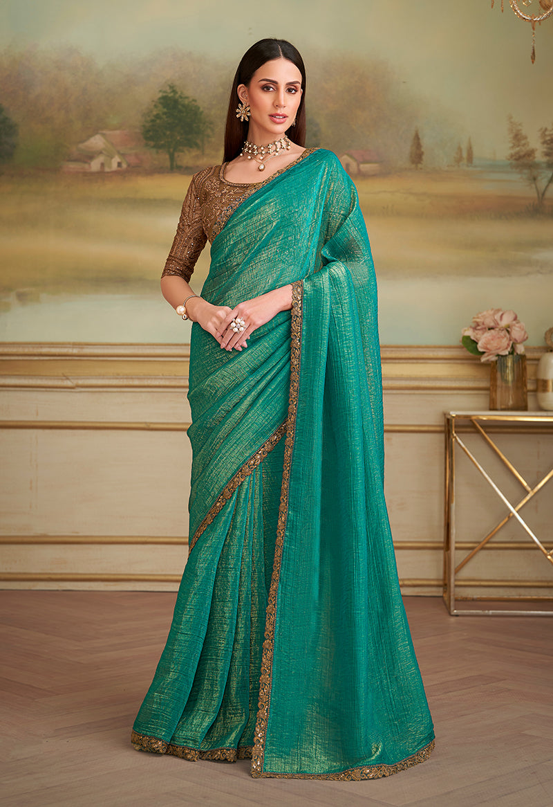 Monjolika Fashion Sea Green Gold Georgette Embroidered Border Party Trendy Saree - Distacart