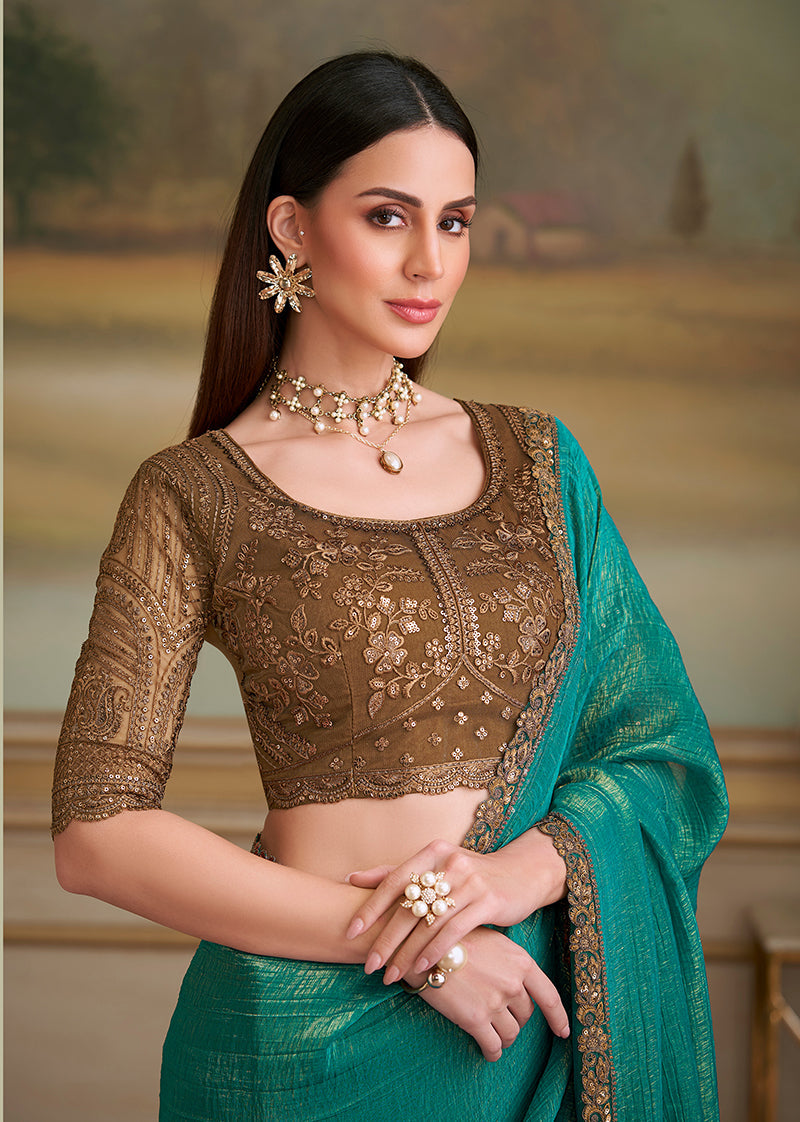Monjolika Fashion Sea Green Gold Georgette Embroidered Border Party Trendy Saree - Distacart