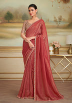 Monjolika Fashion Rust Gold Georgette Embroidered Border Party Trendy Saree - Distacart