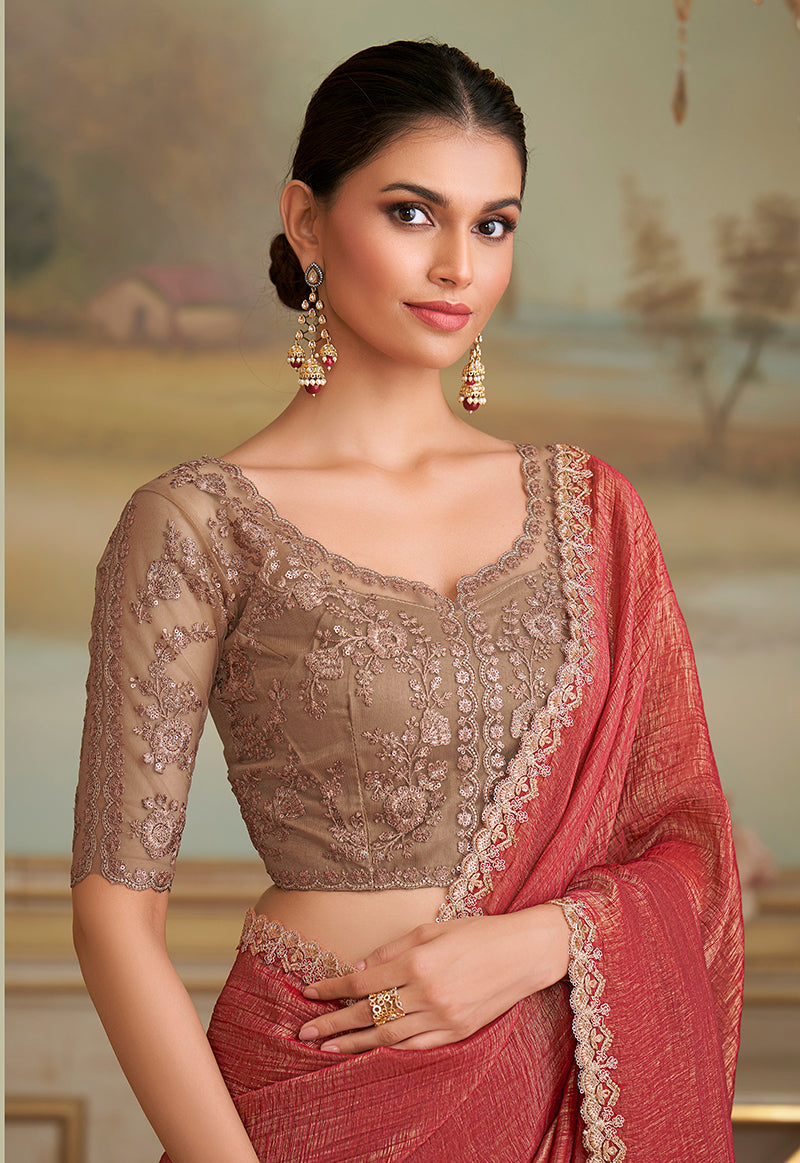 Monjolika Fashion Rust Gold Georgette Embroidered Border Party Trendy Saree - Distacart