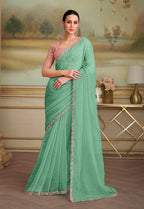 Monjolika Fashion Sky Blue Tissue Georgette Embroidered Border Party Trendy Saree - Distacart