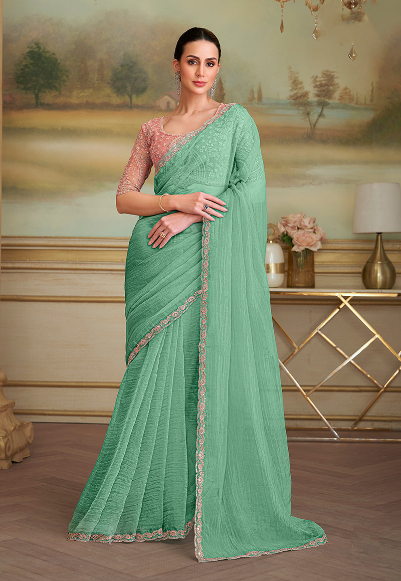 Monjolika Fashion Sky Blue Tissue Georgette Embroidered Border Party Trendy Saree - Distacart