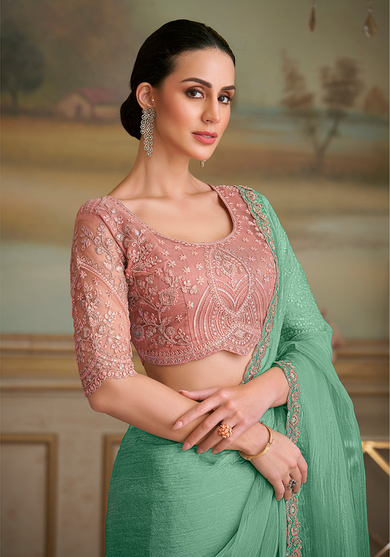 Monjolika Fashion Sky Blue Tissue Georgette Embroidered Border Party Trendy Saree - Distacart