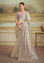 Monjolika Fashion Beige Tissue Georgette Embroidered Border Party Trendy Saree - Distacart