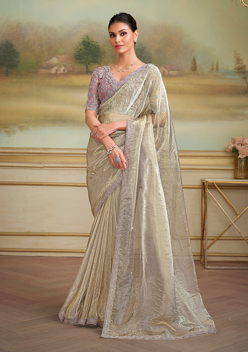 Monjolika Fashion Beige Tissue Georgette Embroidered Border Party Trendy Saree - Distacart