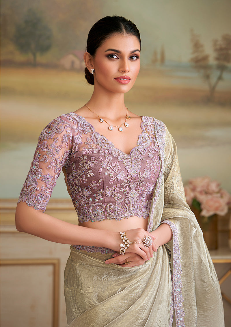 Monjolika Fashion Beige Tissue Georgette Embroidered Border Party Trendy Saree - Distacart