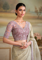 Monjolika Fashion Beige Tissue Georgette Embroidered Border Party Trendy Saree - Distacart