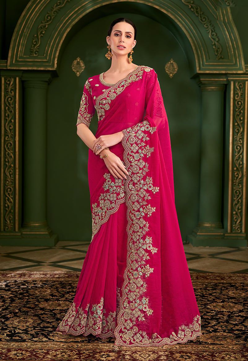 Monjolika Fashion Rani Pink Color Shining Silk Georgette Saree With Heavy Work Blouse - Distacart