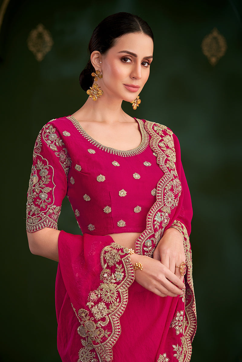 Monjolika Fashion Rani Pink Color Shining Silk Georgette Saree With Heavy Work Blouse - Distacart
