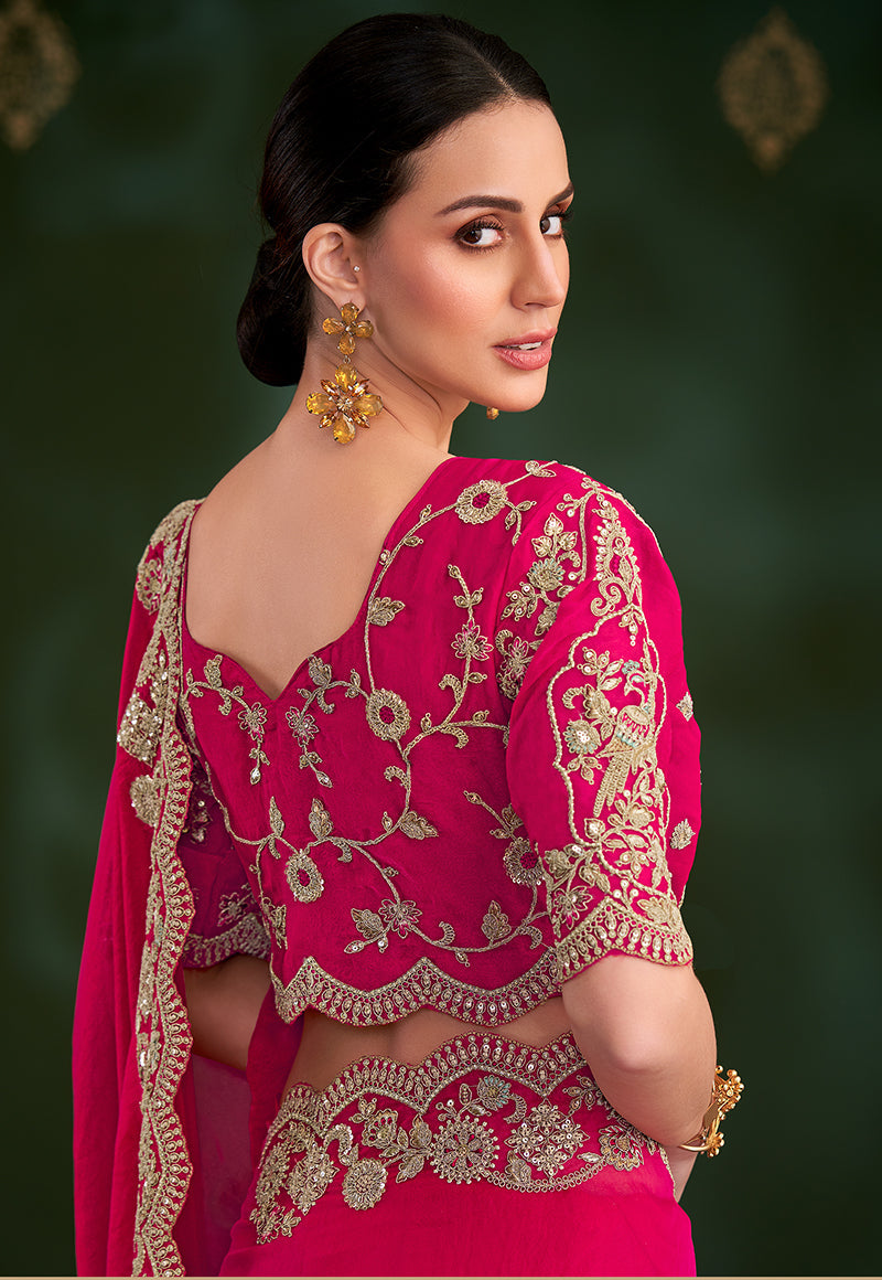 Monjolika Fashion Rani Pink Color Shining Silk Georgette Saree With Heavy Work Blouse - Distacart