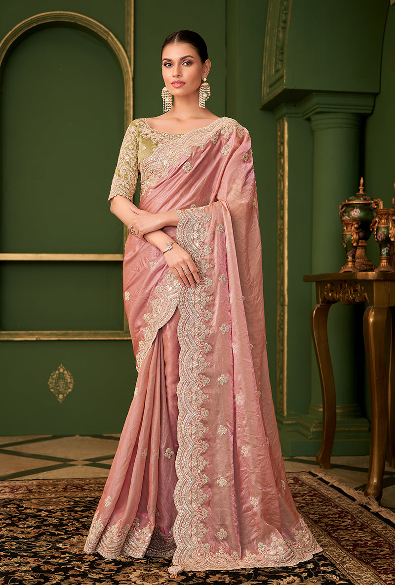 Monjolika Fashion Peach Color Shining Satin Georgette Saree With Heavy Work Blouse - Distacart