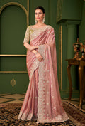 Monjolika Fashion Peach Color Shining Satin Georgette Saree With Heavy Work Blouse - Distacart