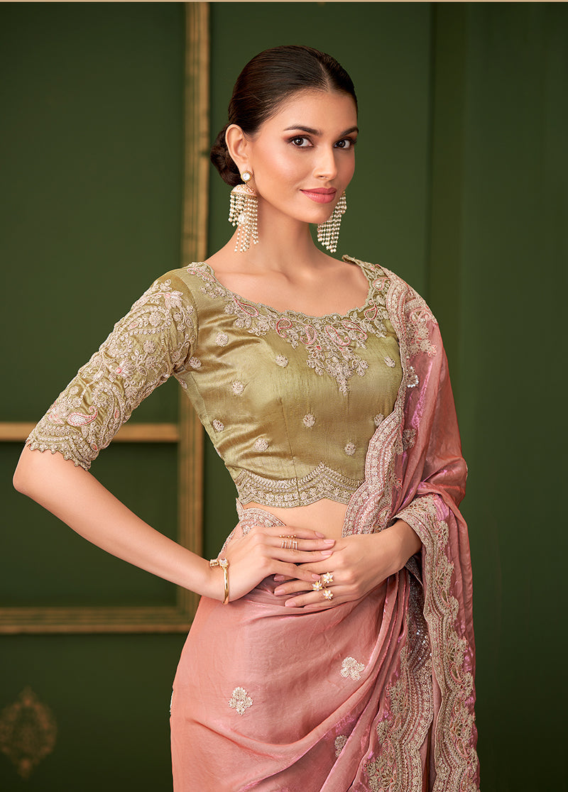 Monjolika Fashion Peach Color Shining Satin Georgette Saree With Heavy Work Blouse - Distacart