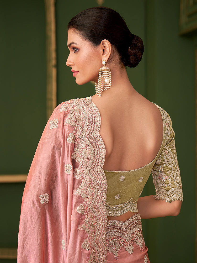 Monjolika Fashion Peach Color Shining Satin Georgette Saree With Heavy Work Blouse - Distacart