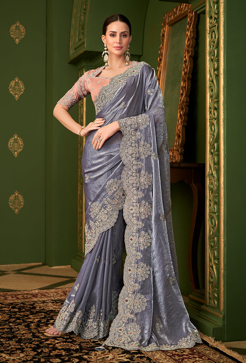Monjolika Fashion Grey Color Shining Satin Georgette Saree With Heavy Work Blouse - Distacart